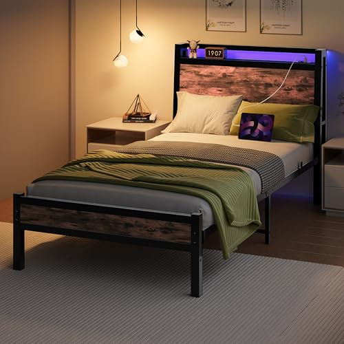FOUBAM Sängram 90 x 200 med laddningsstation, ergonomi ram metallsäng | Modern ram sängram trä med sänggavel, enkelsäng, gästsäng, ungdomssäng, för sovrum, gästrum, svart