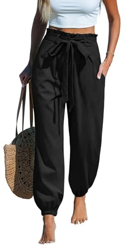 CUPSHE Women's Trousers Paperbag High Waist Belted Joggers Casual Loose Fit Elastic Cuff Harem Pants with Pockets Holiday Beach Textured Trousers