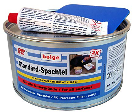STC 2K Spachtelmasse Polyester Füllspachtel beige für Auto Karosserie – mit Härter und Spachtelblatt