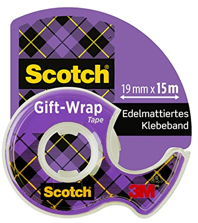 Scotch Gift Wrap Tape, 1 Roll on Handheld Dispenser, 19 mm x 15 m – Satin-Finish Clear Sticky Tape to Use on Gift Wrapping Paper