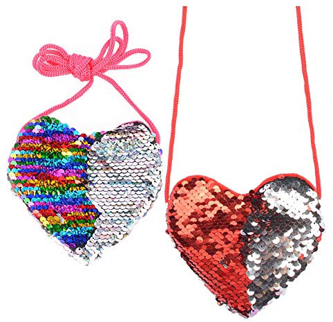 2 PCS Shiny Sequins Heart-shaped Princess Mini Bags, Cute Little Girls' Shoulder Bag Handbag Purse, Cross Body Messenger Bag (Red + colorful)