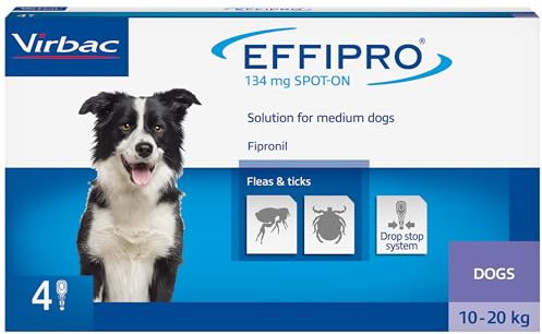 Virbac Effipro Dog Flea & Tick Treatment - Medium Dogs 10-20 - 4 Pipettes | Vet-strength fipronil spot-on; kills fleas in 24hr, ticks in 48hr; up to 5 weeks protection; for medium dogs weighing 10-20kg