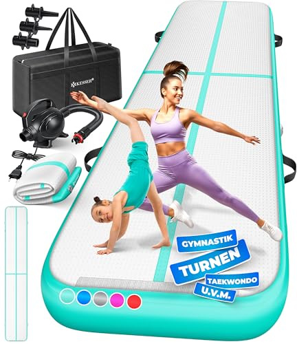 KESSER® Turnmatte Aufblasbar Airtrack Fitness-Matte Gymnastikmatte | inkl. Tragetasche & elektr. Luftpumpe | Yogamatte, Tumbling Matten, Trainingsmatte (Mint Grün, 600 x 100 x 10 cm)