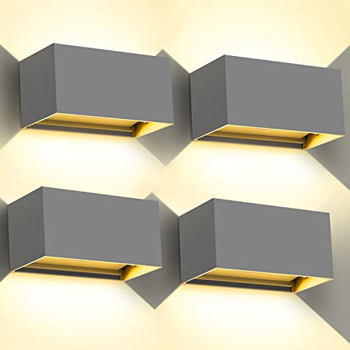 Kingwen 20W LED Aussenleuchten 4 Stücke Wandleuchte Innen/Aussen 3000K Warmweiss LED Aussenlampen Rechteckig Verstellbar Abstrahlwinkel Up Down Wandlampe IP65 Wasserdichte(Grau)
