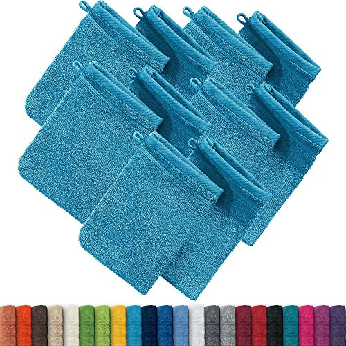 Erwin Müller Waschhandschuh, Waschlappen Heidelberg 10er- Pack, 100% Baumwolle türkis Größe 15x21 cm - weiche Qualität, saugstark und strapazierfähig - praktisch durch Schlaufe