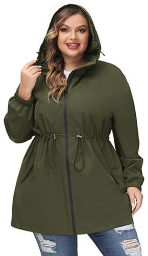 Hanna Nikole Women's Plus Size Outdoor Hiking Jackets Lightweight Waterproof Softshell Rain Jacket with Hood Army Green 30