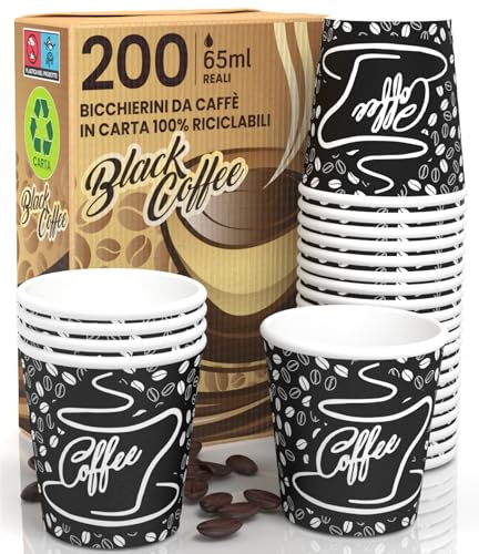 200 Kaffepappersmuggar 65 ml BlackCUP miljövänliga biologiskt nedbrytbara engångsmuggar liten hängande varma drycker