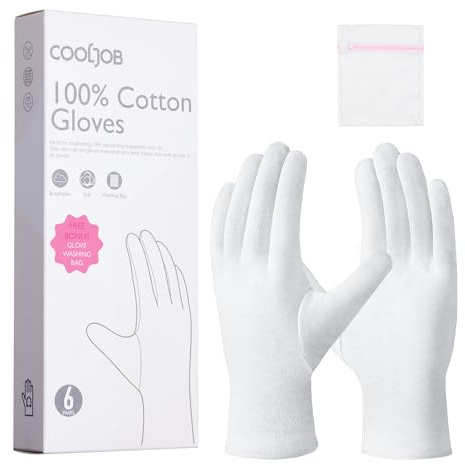 COOLJOB 100% Cotton Gloves, 6 Pairs White Cotton Gloves for Dry Hands Moisturizing & Eczema, Overnight Lotion, Sleep & Spa Treatment for Women & Men, Breathable Work Glove Liners, Medium Size