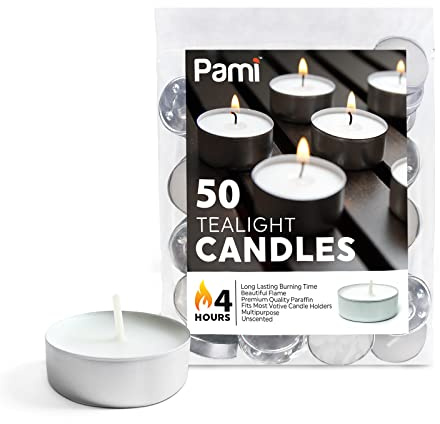 PAMI Tealight Candles,Paraffin Wax,Unscented,4 Hour Burn Time,50 Count