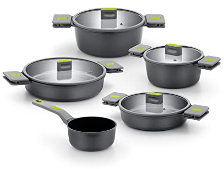 BRA Life | Batteria di Pentole in Ghisa da 9 Pezzi, Rivestimento Antiaderente in Ceramica Rinforzata Priva di PFOA e PTFE, Adatte a Tutti i Tipi di Piano Cottura Inclusa L’Induzione