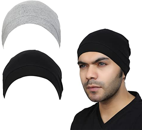 Premium Cotton Helmet Liner Sweat Wicking Skull Cap Beanie. Ultimate Performance Moisture Wicking. Fits Under Helmets 2 Piece (Black + Light Grey)