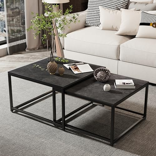 FATIVO Couchtisch Schwarz Marmor Wohnzimmertisch: beistelltisch 2er Set modern sofatisch quadratisch mit metallgestell für Wohnzimmer groß:65×65×40cm klein:60×60×34cm