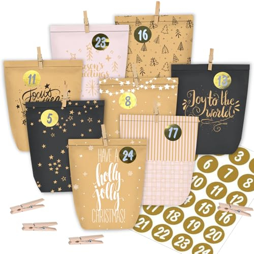 KOHMUI Adventskalender zum Befüllen, 24 Weihnachtskalender Papiertüten mit Zahlen Aufkleber zum Selber Basteln, Geschenktüten Advents Bastelset für Kinder und Erwachsene