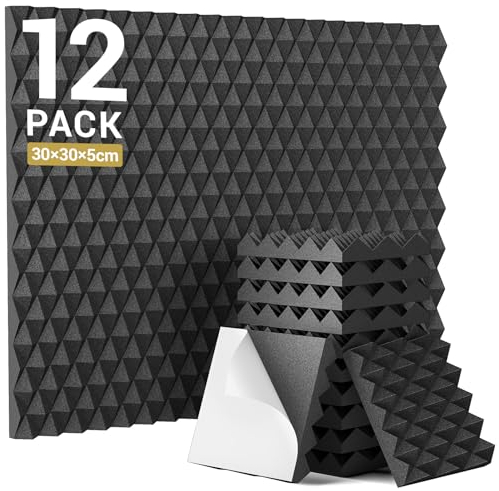 12 Pack-30×30×5 cm Paneles de Espuma Acústica Auto-Adhesiva, TONOR Pirámide Diseñado Paneles de Sonido para la Absorción de Ecos, Rápida Expansión, Espumas Absorbentes para el Hogar y Estudio, Negro