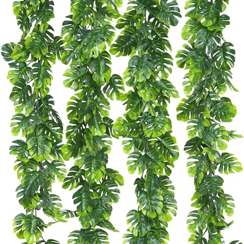 Dolicer 4Pcs Artificial Monstera Leaf Vines, 5.6Ft Fake Hanging Greenery Plants Tropical Palm Leaves Ivy Vine Monstera Garland for Home Garden Porch Patio Hawaiian Party Indoor Outdoor Décor
