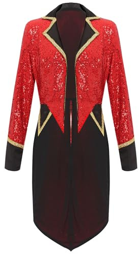 Runhomal Women's Shiny Sequin Circus Ringmaster Costumes Long Sleeves Lassic Tailcoat Blazer for Performance Red M