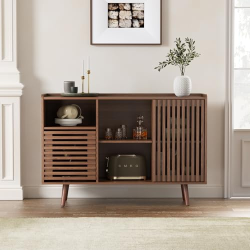 FiveWillowise 47.2 Buffet Cabinet with Storage, Mid-Century Sideboard Coffee Bar Cabinet with Sliding Door for Living Room, Dining Room, Kitchen, Hallway, Walnut