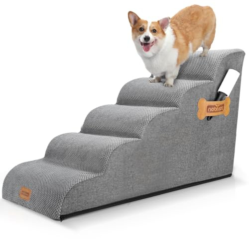 Nobleza Escalier pour Chien, Rampe pour Chien, Escalier Chien pour Chiens et Chats à Grimper Canapé et Lit, 5 Marches Antidérapant avec Rouleau Anti-Peluche