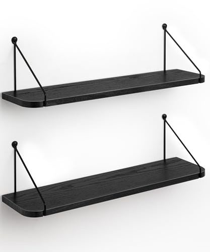 SUMGAR Estantes flotantes negros para estante de pared de 60 cm de largo para dormitorio, baño, cocina, organizador de almacenamiento de madera, decoración moderna, exhibición para sala de estar,