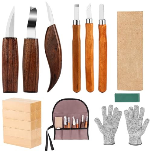 TNEDFOD Set di 20 attrezzi per intaglio in legno, 6 coltelli da intaglio in legno, 10 coltelli da intaglio fai da te, per adulti e bambini