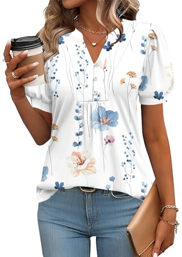 Rapbin Damblus med v-ringning och knappslå, t-shirt, tunika, kortärmad topp, sommartopp, elegant, avslappnad