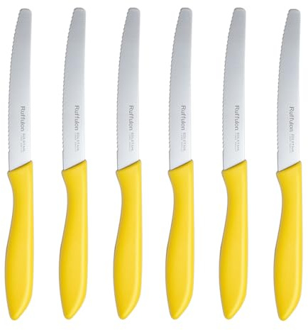 Ruffulon Couteaux de Table jaune en 6 Pièces,Couteaux à Steak avec Bord Dentelé,Set de Couteaux à Tomates,Set Couteaux de Cuisine avec Manche Ergonomique pour Steak, Pain, Légumes