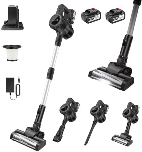Cordless Vacuum Cleaner Stick Vacuums Electric Brooms with LED, 2x3000mAh Battery, Self-Standing Lightweight Handheld Upright Vacuums for Hard Floor Carpet Pet hair, Up to 65Mins Runtime