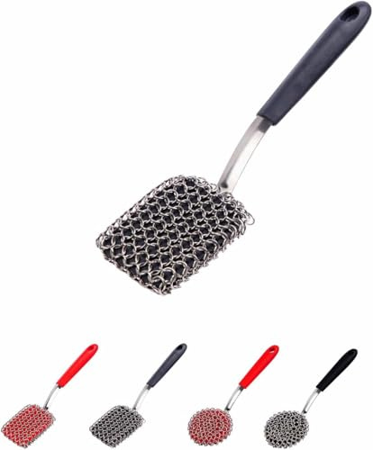 3-i-1 Chainmail Grill rengöringsborste, rostfritt stål enkel ring form nät silikon grytverktyg, borstfri dubbel funktion kraftig, köksrengöring bollborste (svart-A)