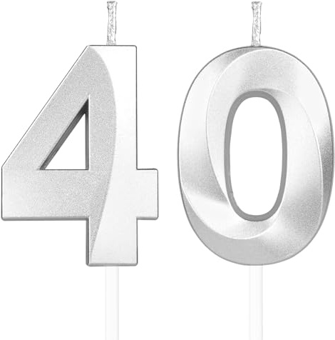 Decorazione per torte 3D Candela numero 40, Candele in Argento profondo,Candele di compleanno,Candele con numeri da 5cm,matrimoni,anniversari, decorazioni per torte di compleanno ﻿