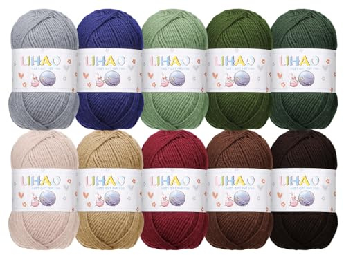 LIHAO Crochet Yarn 4ply Cotton Yarns for Crochet and Knitting 1000 Yards Acrylic Soft Yarn Kit fpr Beginners Adults Kids Crafts （10 x 50g