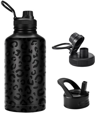 FOLAI Insulated 2 Litre Stainless Steel Water Bottle with Straw Lid and Flex,Adult Large Drinks Bottle,Large Gym Sports Metal Drinking Flask,for Outdoor, Hiking, Riding, and Gift Giving（Leopard）