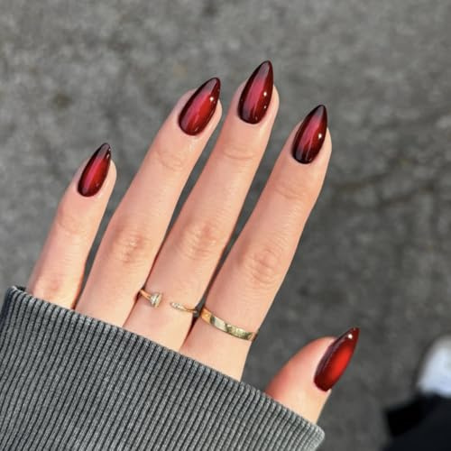 SXVME French Press on Nails Almond, Gradient Black Red False Nails Medium, Blush Ombre Fake Nails Nails Press ons, Goth Dark Soft Gel Stick on Nail for Women, 24 Pcs