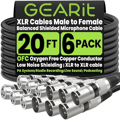 GEARit 22AWG OFC XLR Cables 20 FT 6-Pack Male to Female for Musicians Stage