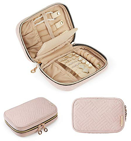 BAGSMART Travel Jewelry Organizer Case Small Jewelry Roll for Journey-Rings, Necklaces, Earrings, Bracelets, Soft Pink