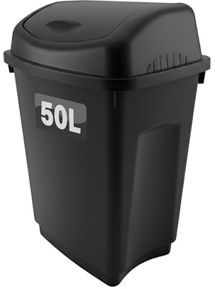 Optimal Products 50 Litre Plastic Swing Bins Home Garage Swing Top Rubbish Waste Bin Office Bedroom Kitchen Paper Dustbin Trash Bin Swing Lid Garden Recycle Bins Black
