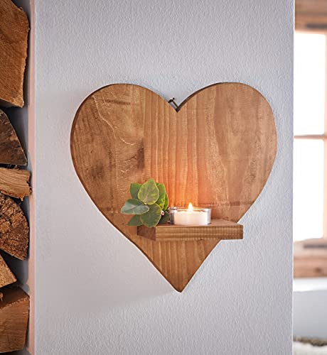 Photophore mural en forme de cœur en bois - Décoration murale rustique - Décoration murale en forme de cœur - Photophore mural - Support mural - Cœur en bois avec photophore en verre