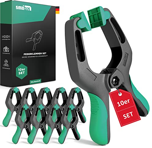 Abrazadera de Apriete SMABIX® - Juego de 10 Pinzas para Encolar, Piscina, Fotografía - Gran Envergadura y Fuerza de Sujeción - Pinzas de Resorte y Sujeción