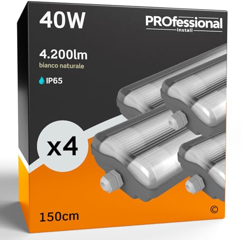 Eurocali 4x Plafoniere IP65 Impermeabile 40W Trasparente 4200 Lumen + 2 Tubi LED da 150cm - Luce Bianco Naturale 4000K - Fascio Luminoso 120° - Sostituzione Neon