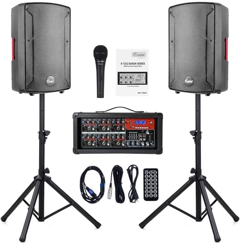 EXOTON S-1202 12inch 2000W Bluetooth PA System with Powered Mixer Set, Passive Speakers with 6 Channel Mixer/Stands/Mic/Effect Controller/ 48V Phantom Power,for Indoor&Outdoor