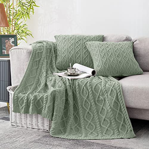 Homiest Cable Knit Throw Blanket & Pillow Set, Sage Green Set of 3, Knitted Blanket (50x60) & 2 Pillow Covers (18x18), Soft & Cozy Decorative Set for Couch, Bed, Sofa