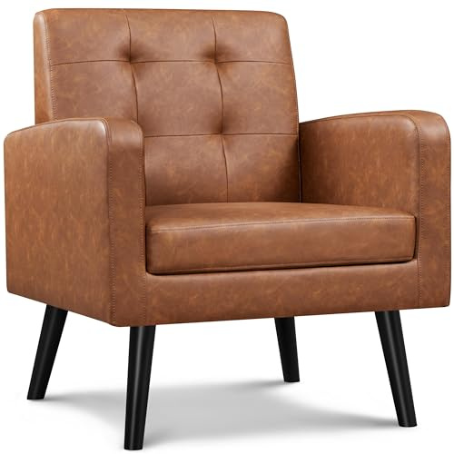 Yaheetech Fauteuil de Salon en Similicuir avec Dossier Capitonné Chaise de Relaxation avec Accoudoirs Fauteuil Lecture Confortable Pieds en Bois Massif pour Salon Chambre Bureau Balcon Brun Rustique