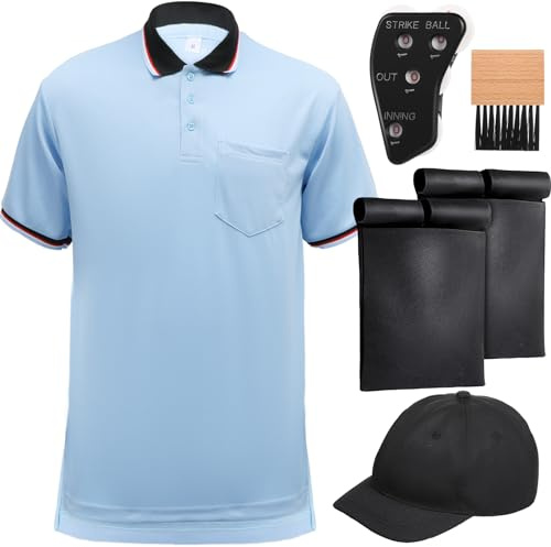 ShinyMatch 6 Pcs Baseball/Softball Umpire Accessories Set Including Umpire Shirt Hat Indicator Brush Ball Bag for Men Referee (Sky Blue,Medium)