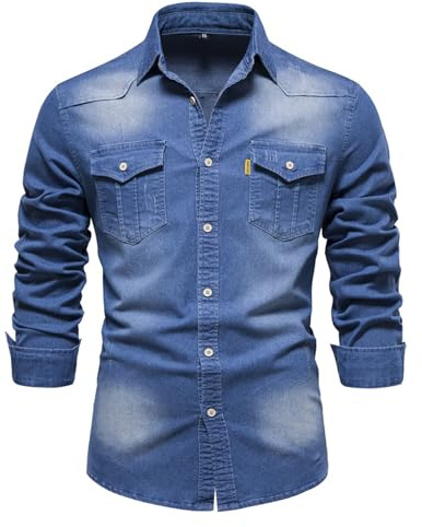 Btmpmcs Herr långärmad casual skjorta elegant knäppt skjorta med smal passform Henley strandtröjor slim fit denimskjorta med ficka, Färg: blå, XL