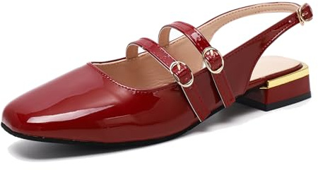 Fudaolee Sandalias Mujer Mary Jane Bailarina Elegante Zapatos de Talón Mocasines de Cuero Loafers de Bajo Zapatos Planos con Doble Hebilla Rojo EU 38=CN 39