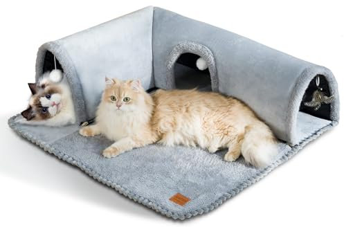 CATISM Katzentunnel Katzenbett mit Kissenmatte, Tunnel für Katzen Spieltunnel mit abnehmbarem Rohr & Spielball, Versteckhaus mit Katzenhöhle 80x70cm