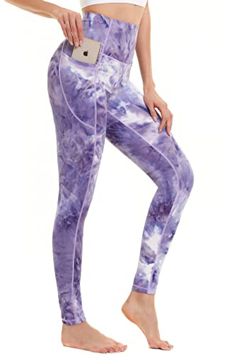 AMYTIS High Waist-gymleggings för kvinnor, stretchiga, mjuka yogabyxor för kvinnor, magkontroll, träning, löpning, leggings med fickor, Batikfärg 28, M