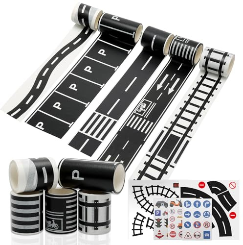 TENTHPEO 10 Pcs Road Washi Tape, Cinta de Carretera de Ferrocarril con Pegatinas de Señales de Tráfico Cinta de Carretera de Ferrocarril, Pegatinas de Señales de Tráfico DIY