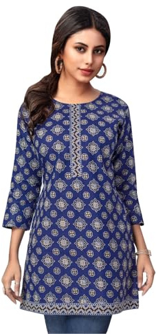 Ladyline Casual Cotton Printed Tunic Top Blouse for Womens Short Kurti Ethnic Print (CPK DTSC280) (50/Blue)