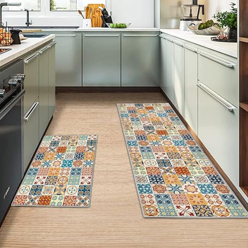 MIQEBX 2 Pcs Kitchen Rugs and Mats, Anti Fatigue Kitchen Rug Sets,Comfort Floor Mats Washable Non Slip Kitchen Rug Runner for Office Sink Laundry (Blue, 40x120cm+40x60cm)