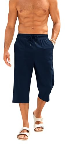 Runcati Korta byxor, herr, bomull, linne, bermudashorts, 3/4 längd, sommarbyxor, yoga, jogging, lediga sweatbyxor, sportshorts, fritidsbyxor, sweatshorts, herrbyxor med fickor, Mörkblå, L